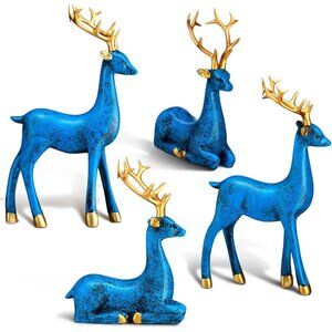 4 Pcs Blue, Gold Standing Sitting Deer Christmas Figurine Statue for Home Indoor